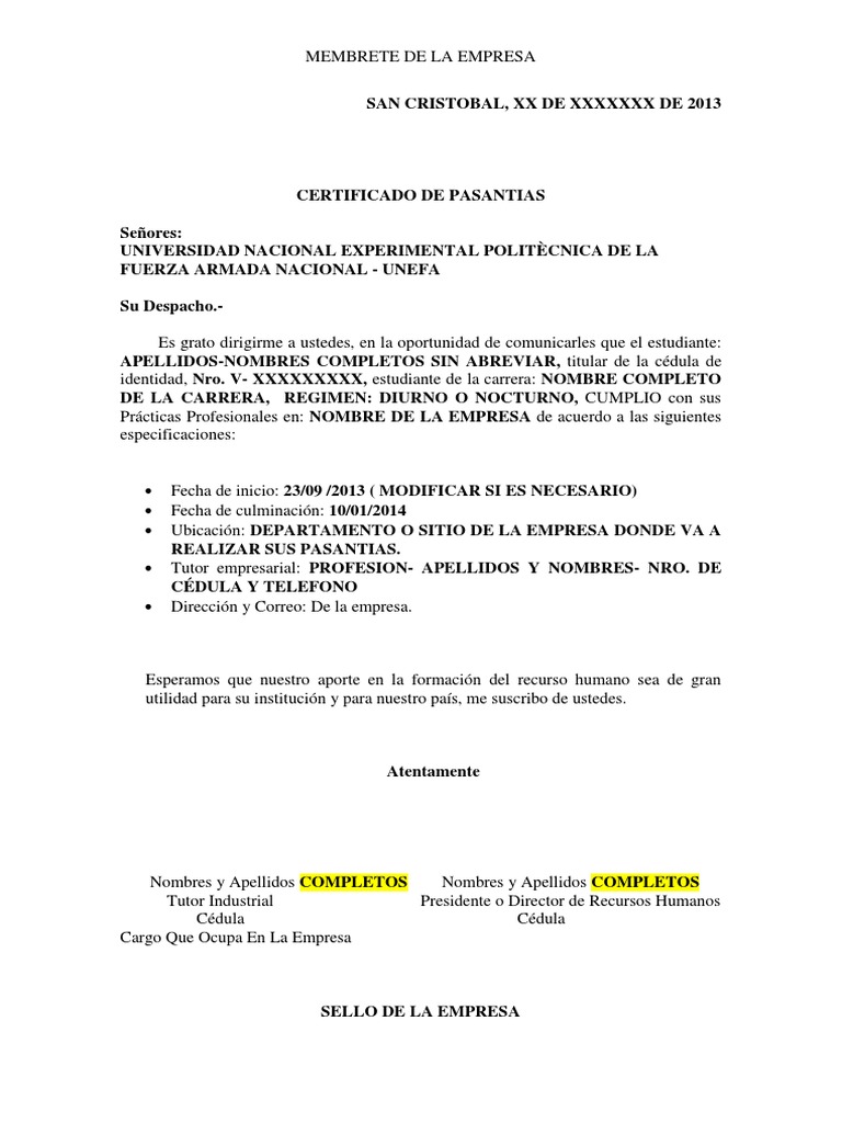 Modelo De Certificado De Pasantias PDF