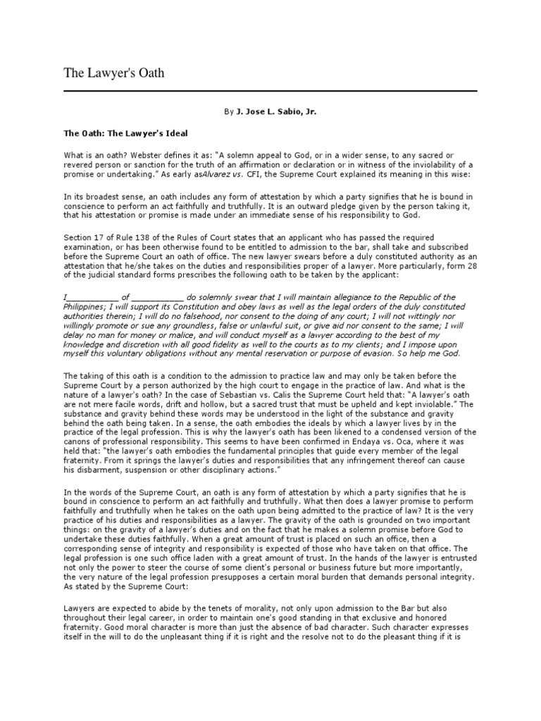 The Lawyer Oath Oath Of Office Practice Of Law
