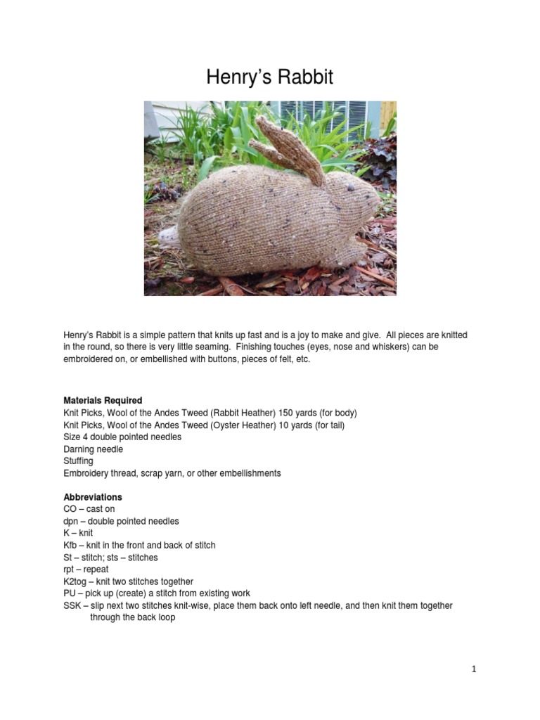 Henry's Rabbit Materials Required PDF Knitting Decorative Arts