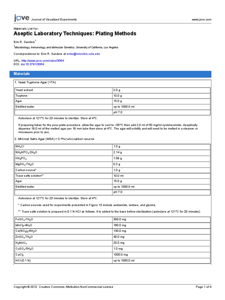 Jove Materials 3064 Aseptic Laboratory Techniques Plating Methods PDF ...