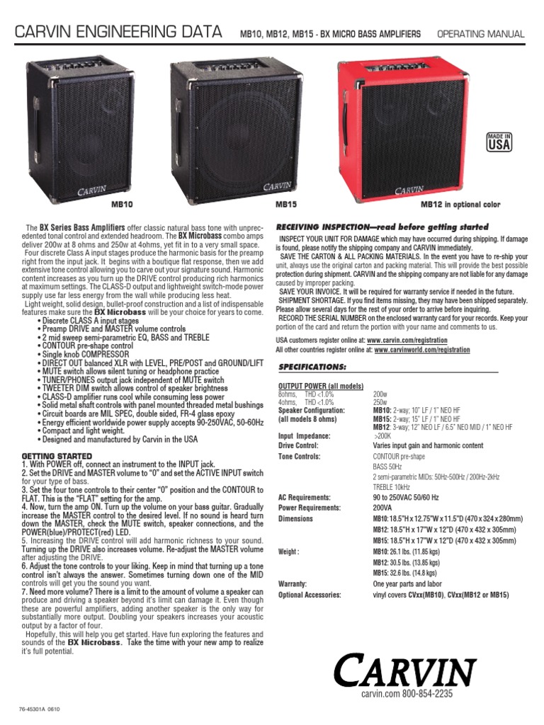 Carvin BX micro Bass manual Amplifier Loudspeaker