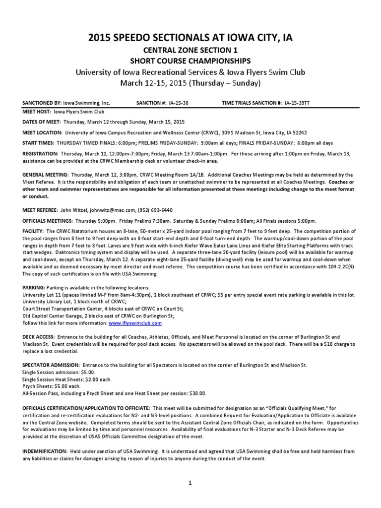 2015 Speedo CENTRAL ZONE Sectionals Meet Info (Final) PDF Swimming