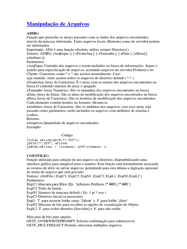 Funções de Manipulação de Arquivos ADVPL | PDF | Ponteiro (programação ...