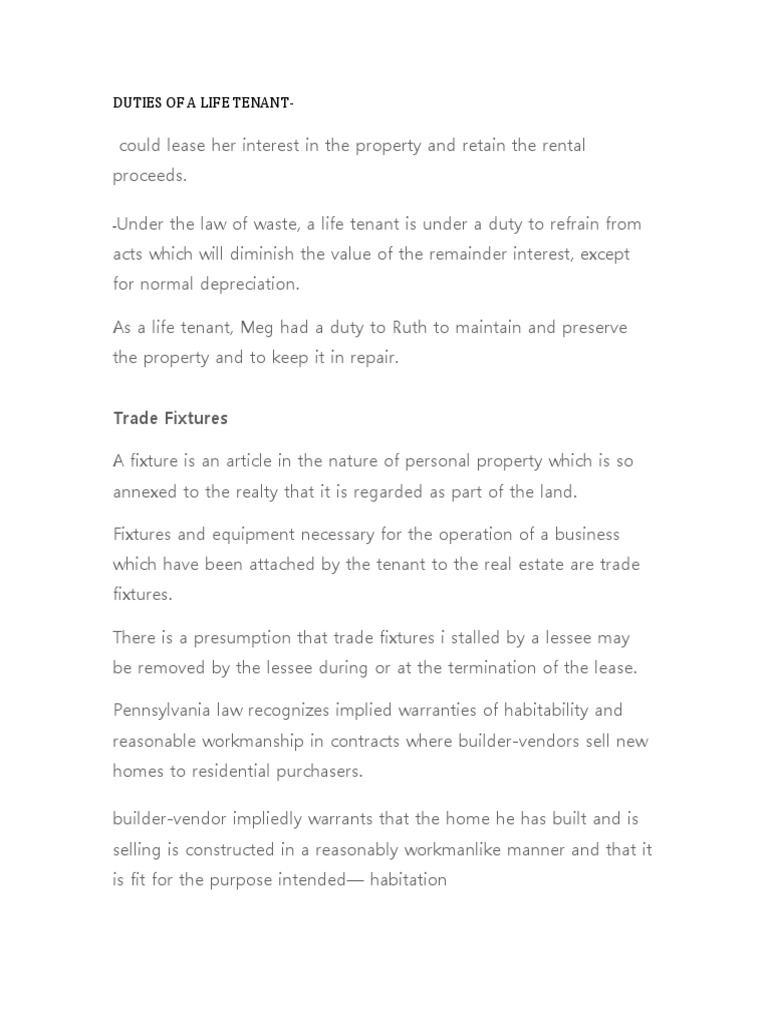 Duties of A Life Tenant Trade Fixtures PDF Concurrent Estate