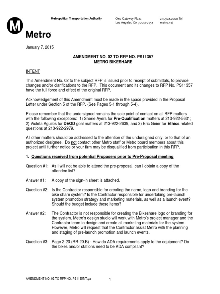 Amendment #2 RFP No PS11357 - Metro Bikeshare | PDF | Rapid Transit ...
