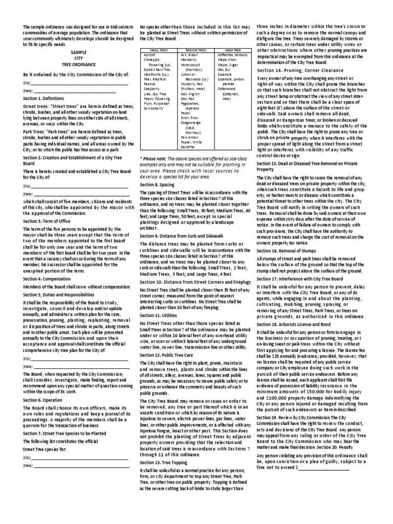 Sample Tree Ordinance PDF Pruning Trees