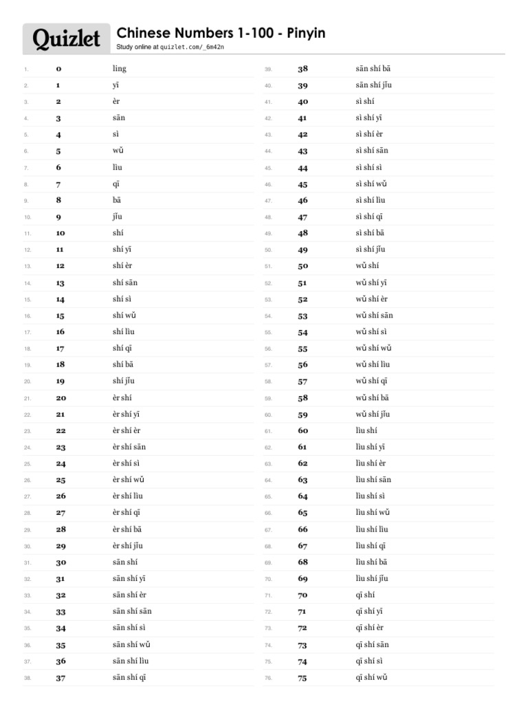 Chinese Numerals 1 100