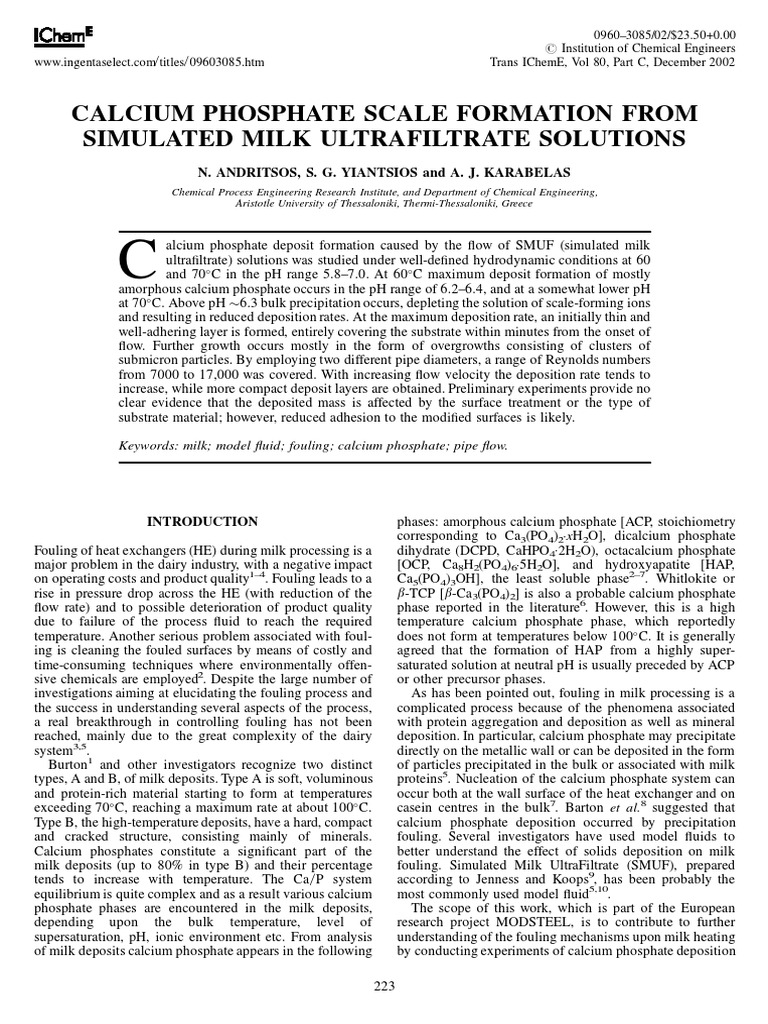 Calcium Phosphate Scale Formation From Simulated Milk Ultrafiltrate