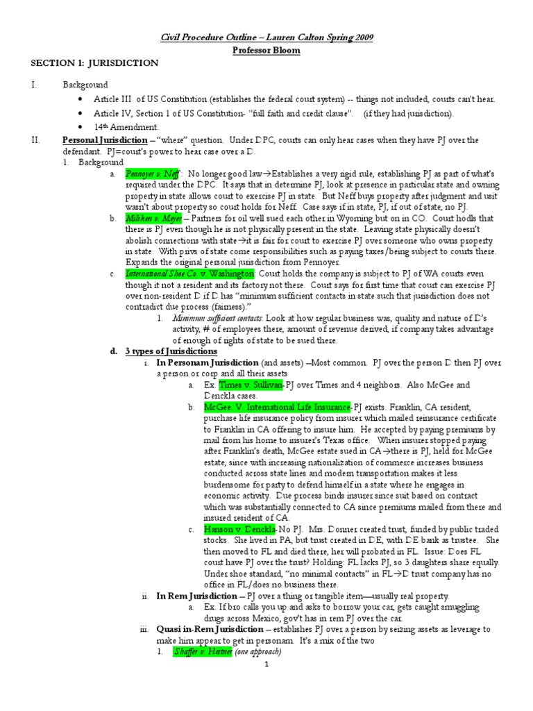 Civil Procedure Outline PDF Diversity Jurisdiction Personal
