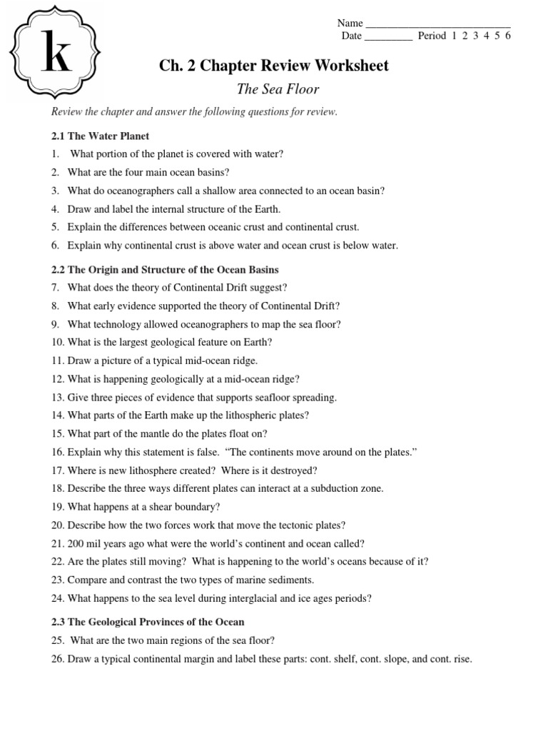 Ch 2 Chapter Review Worksheet The Sea Floor