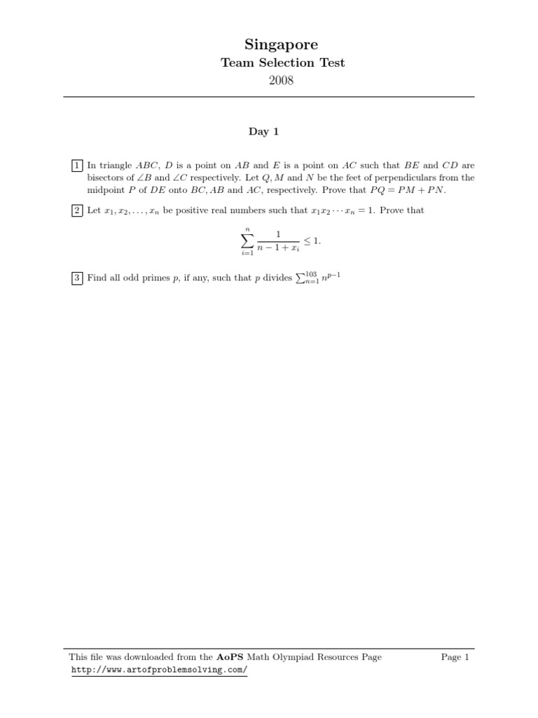 Singapore Math Olympiad Selection Test | PDF