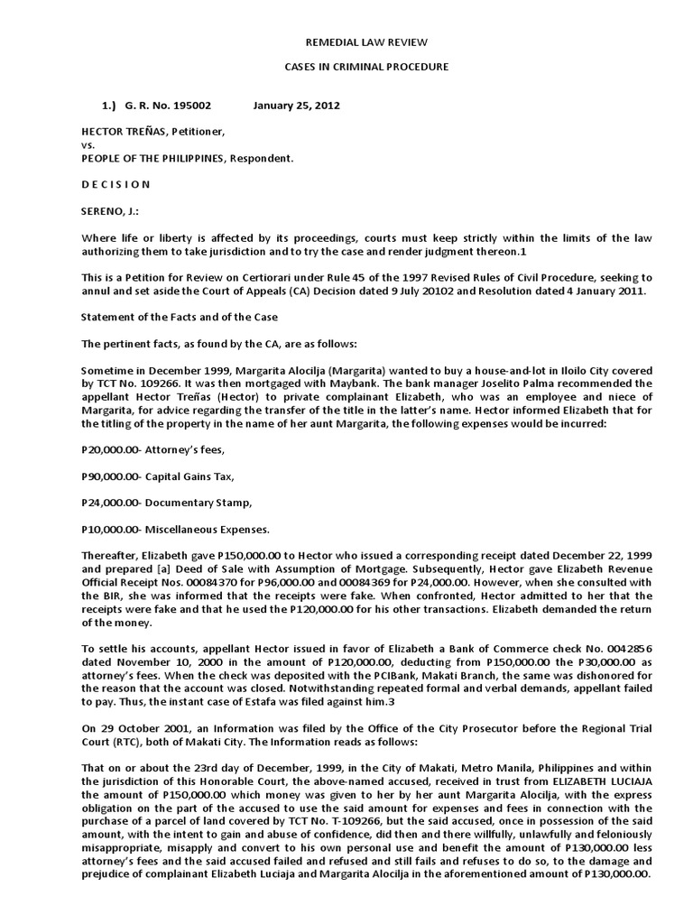 Estafa Case Review: Treñas vs. People | PDF | Jurisdiction | Crime ...