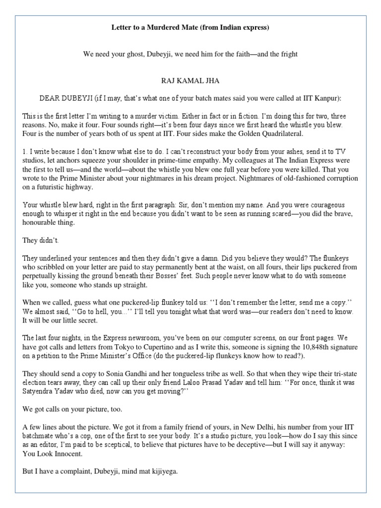 Letter To A Murdered Mate (From Indian Express) | PDF