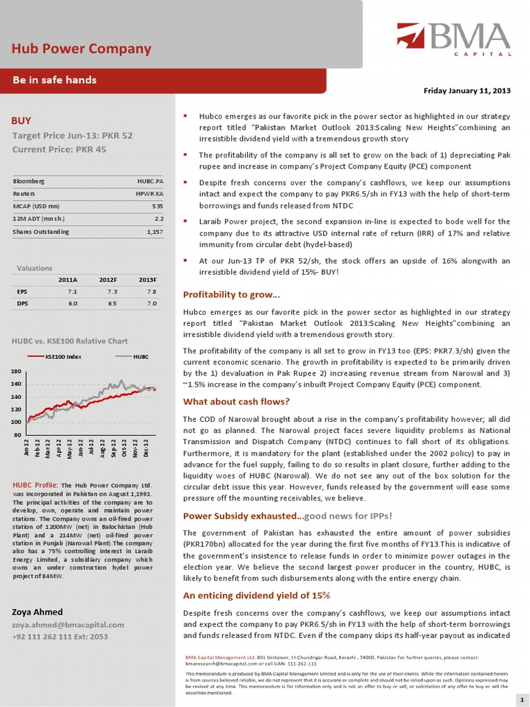 Hub Power Company Be in Safe Hands PDF Yield (Finance) Economies
