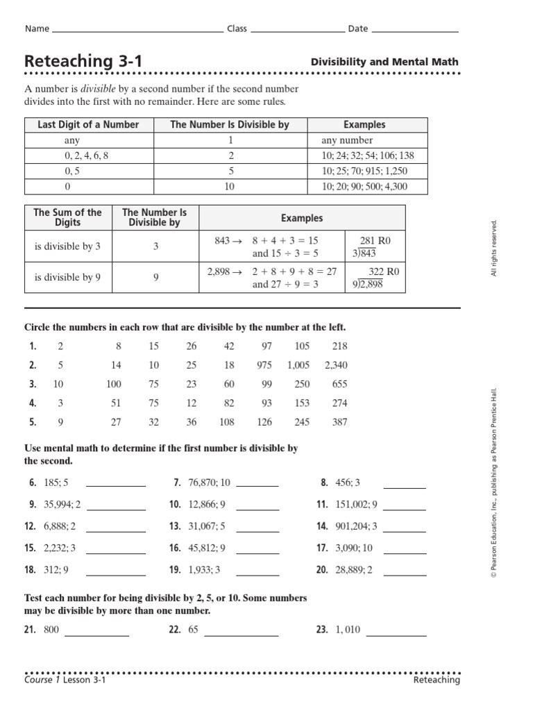 6th Grade Ch3 Reteaching Worksheets | Factorization | Prime Number
