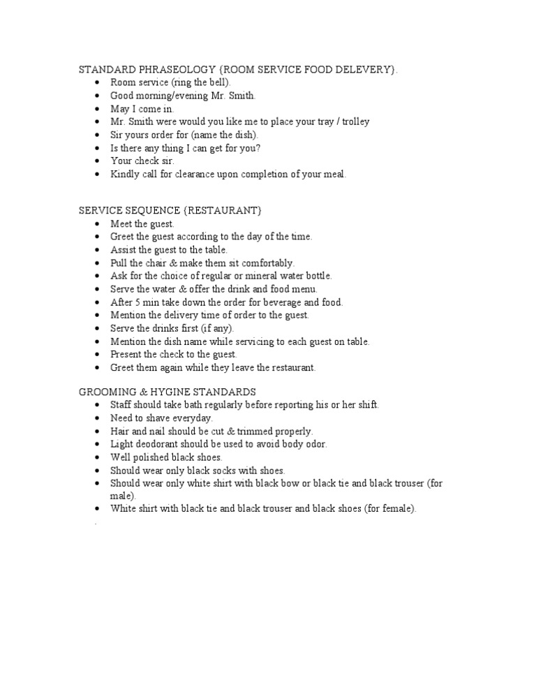Room Service and Restaurant Service Standards | PDF
