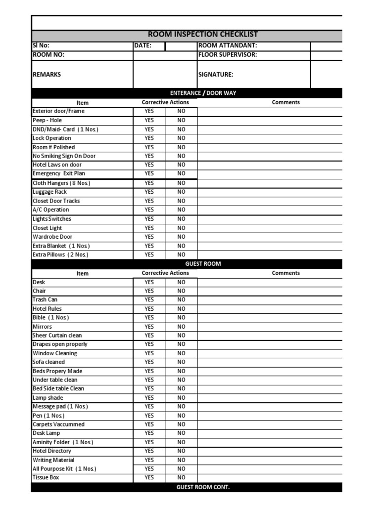 Hotel Room Inspection Checklist | PDF | Bathroom | Bathing