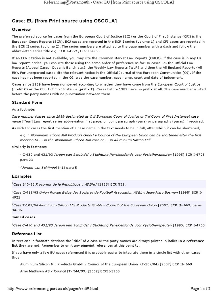 Citing EU Cases From Print Source Using OSCOLA Citation
