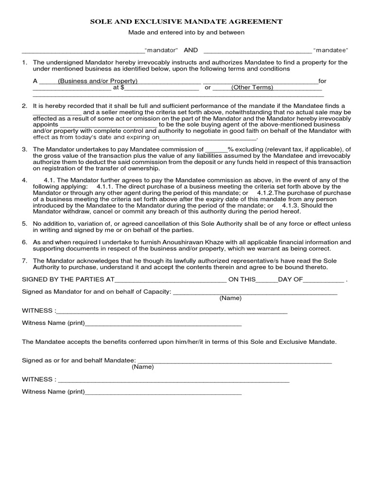 Sole Mandate Agreement Financial Transaction Business Law