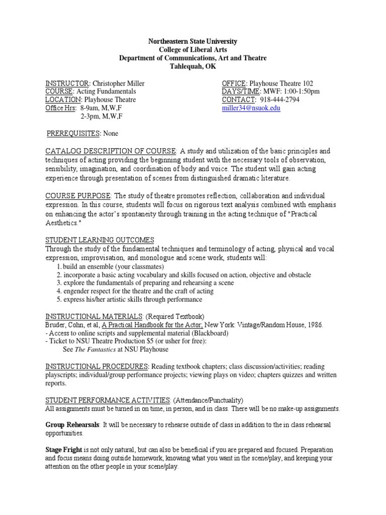 Acting Fundamentals Course Overview | PDF | Homework | Theatre