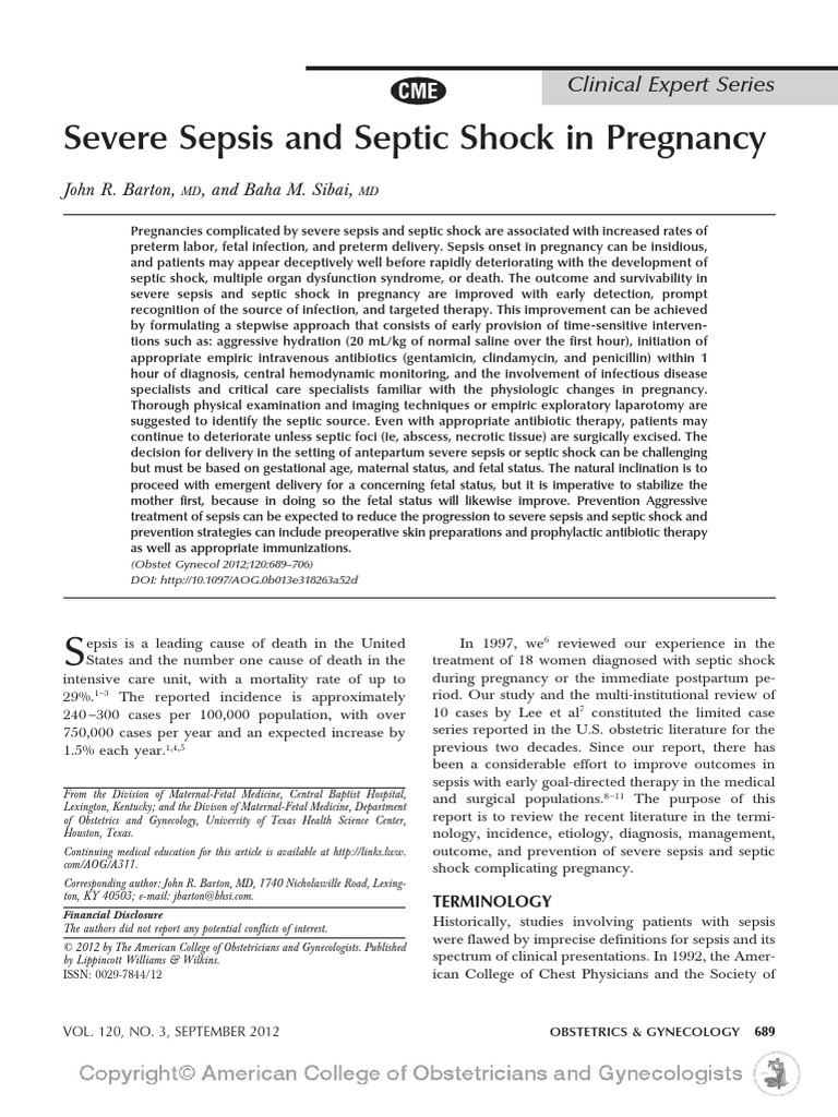 Severe Sepsis and Septic Shock in Pregnancy | PDF