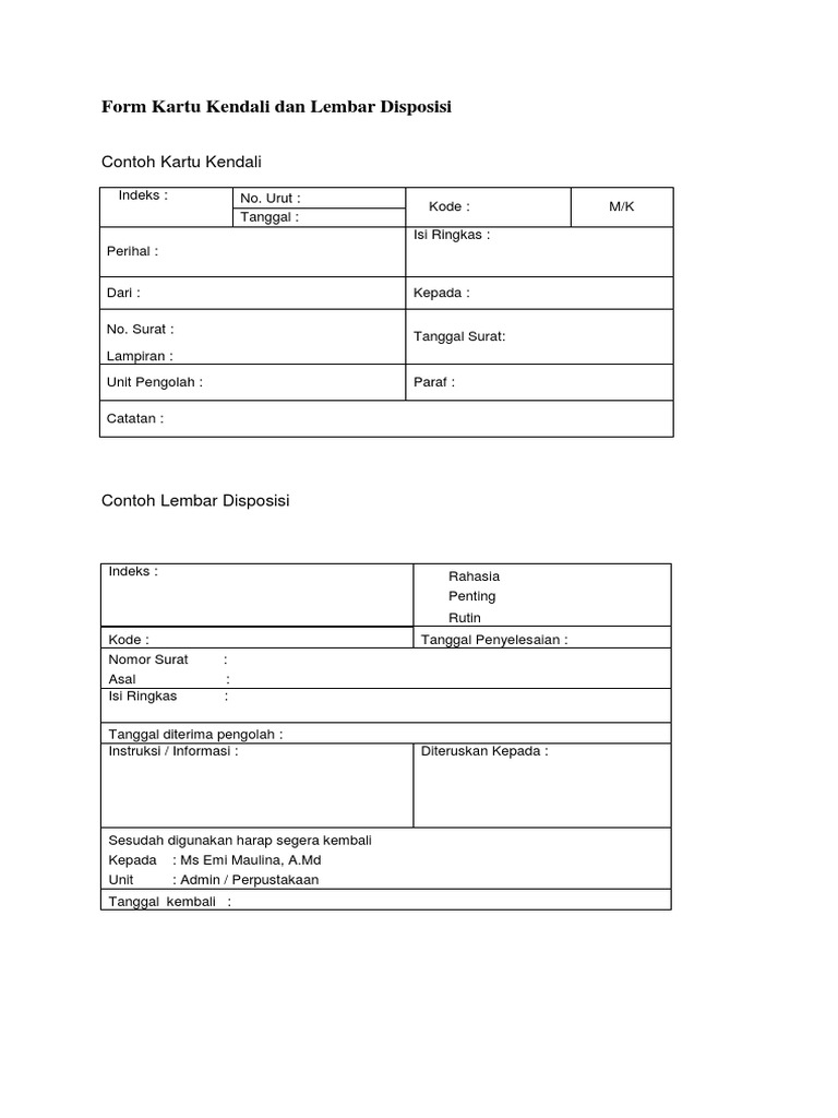 Form Kartu Kendali Dan Lembar Disposisi Pdf
