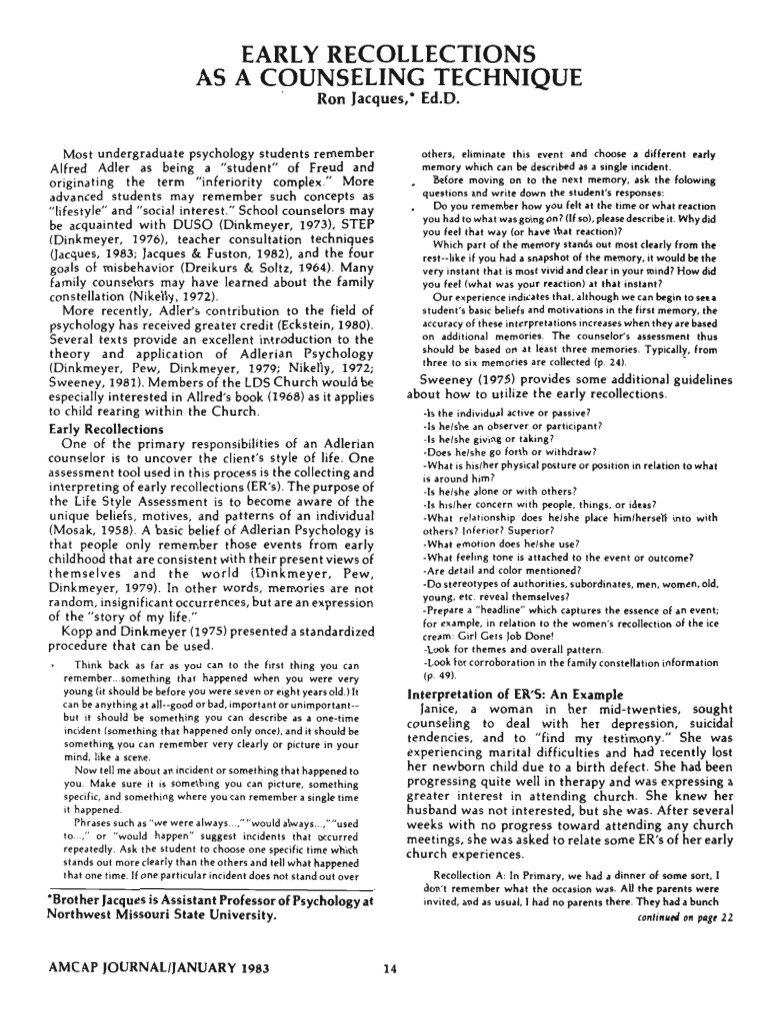 Early Recollections As A Counselling Technique PDF Psychotherapy