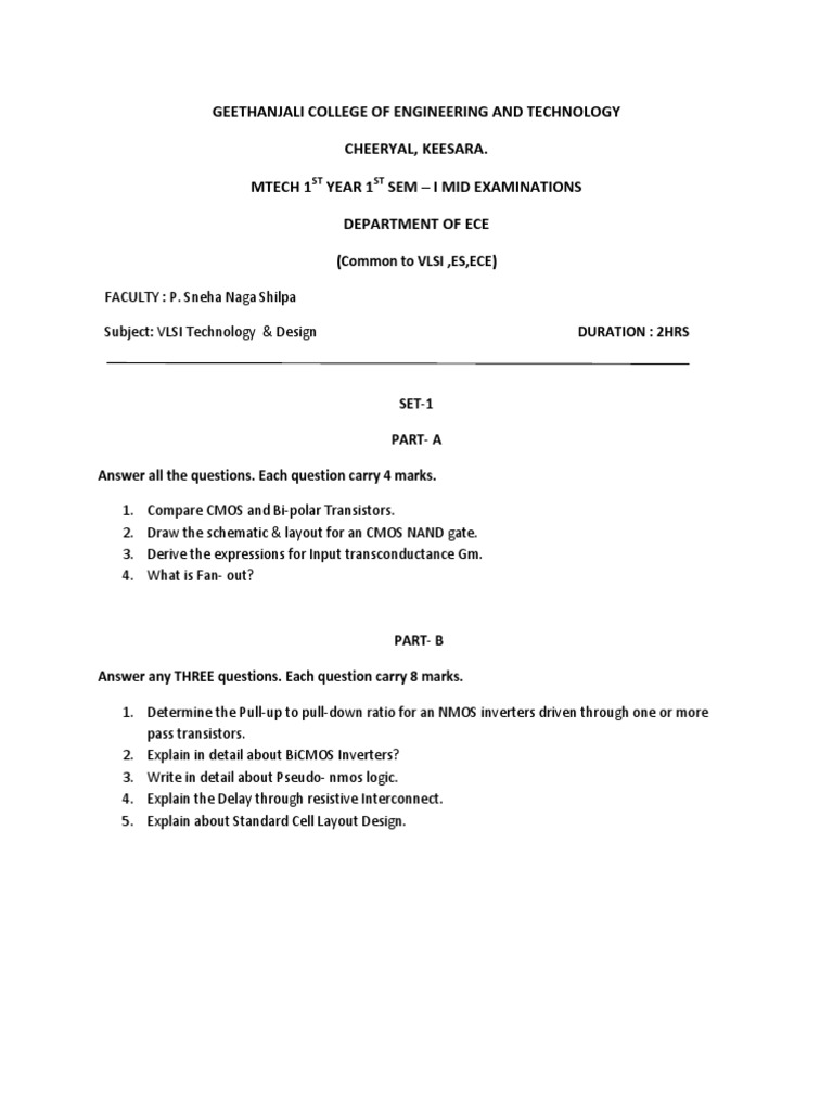 Vlsi Internal Question Paper Mtech. Cmos Very Large Scale Integration