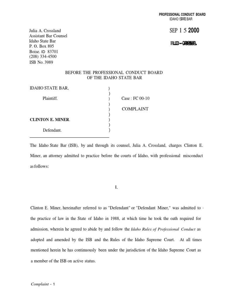 Clinton E Miner Boise Idaho Attorney Formal Charges Idaho State Bar