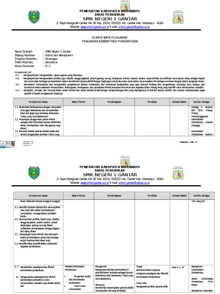 Silabus Pengantar Administrasi Perkantoran Kelas X