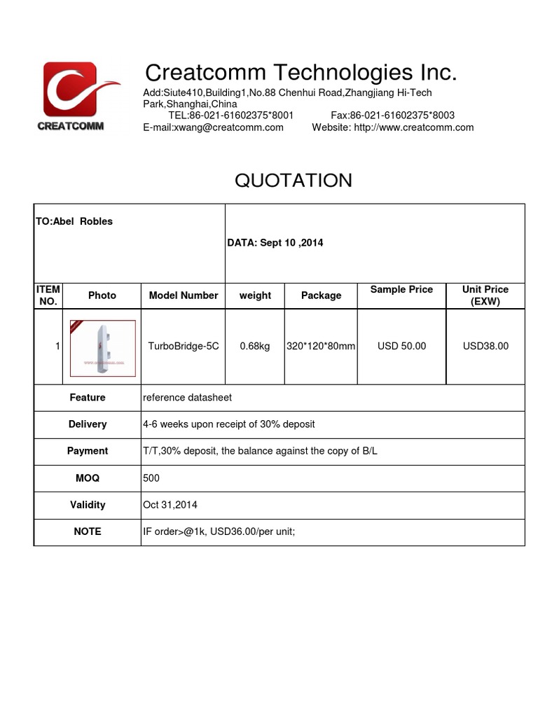 TurboBridge-5C Quotation Details | PDF | Technology & Engineering