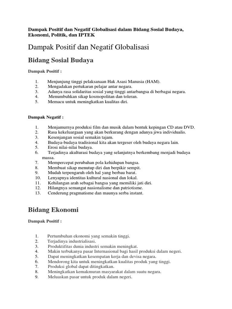 Dampak Positif Dan Negatif Globalisasi Dalam Bidang Sosial Budaya