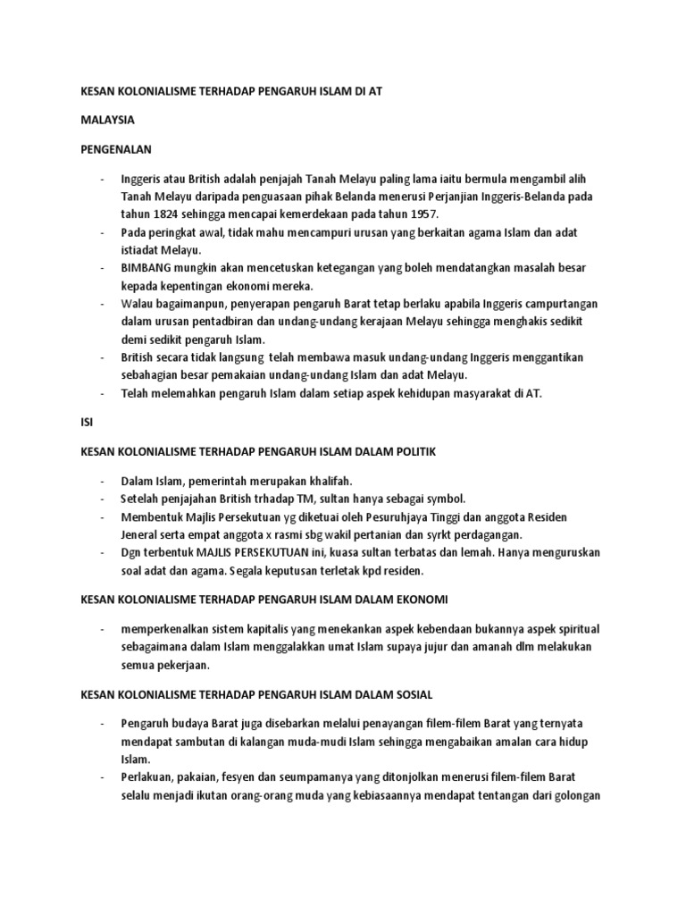 Kesan Kolonialisme Terhadap Pengaruh Islam Di Malaysia Pdf