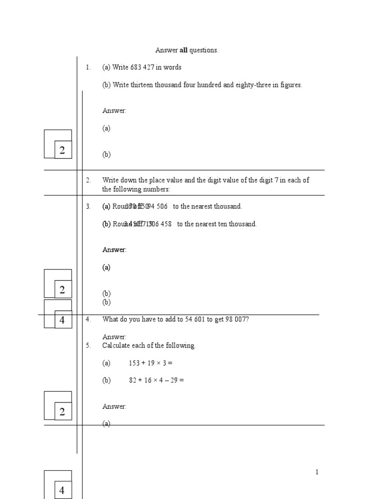 Soalan Peperiksaan Matematik Tingkatan 1 Kertas 2