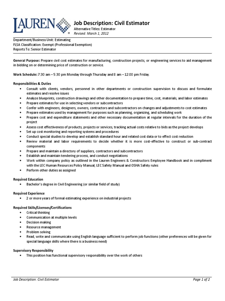 Civil Estimator Job Desk General Contractor Employment