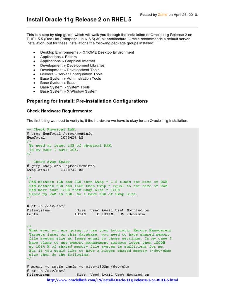 Install Oracle 11g on RHEL 5 Guide | PDF | Oracle Database ...