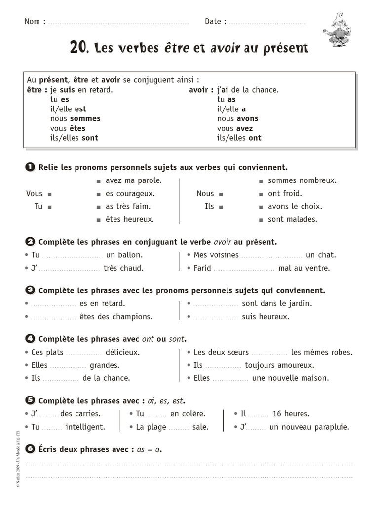 Exercices Verbe Etre Et Avoir Ce1 Fiche - Les Verbes Etre Et Avoir Au Present | PDF