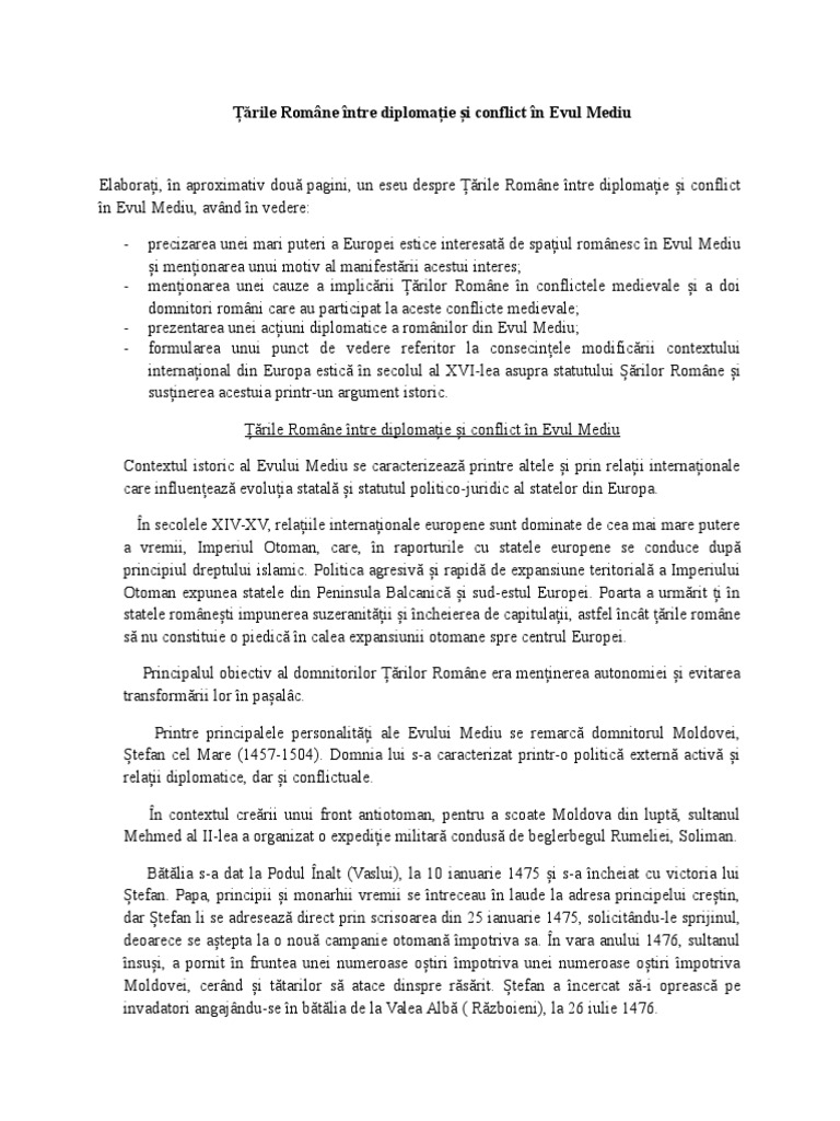 Model De Eseu Tarile Romane Intre Diplomatie Si Conflict In Evul Mediu