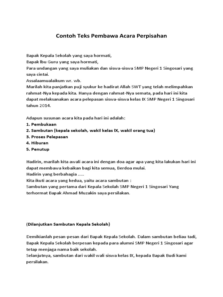 Contoh Teks Pembawa Acara Perpisahan PDF