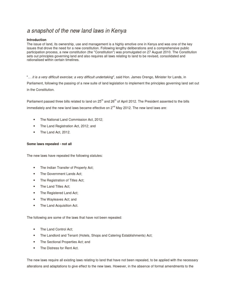 A Snapshot of the New Land Laws in Kenya Lease Marriage