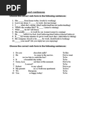 Present Simple And Continuous Choose The Correct Verb Form In The Following Sentences