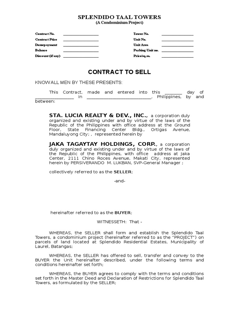 Sample Contract to Sell a Condominium Unit | Assignment (Law) | Sales