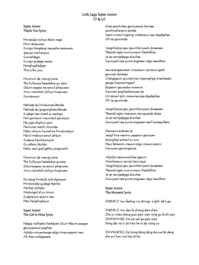 Super Junior Lirik Lagu T U