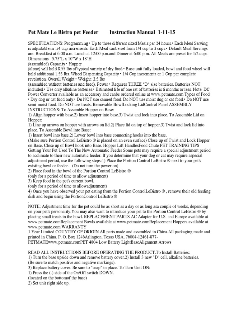 le bistro pet feeder manual