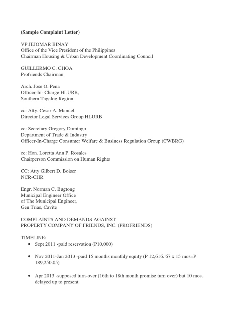 Sample Complaint Letter (1) Loans Mortgage Law