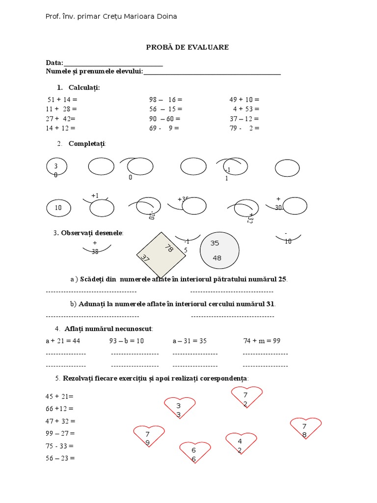 0 Test Matematica Adunari Si Scaderi in Concentrul 0 100 Fara Trecere ...