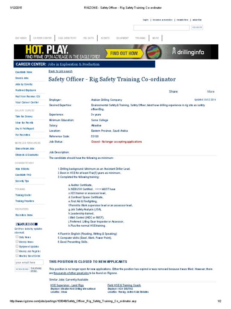 RIGZONE Safety Officer Rig Safety Training CoOrdinator PDF PDF