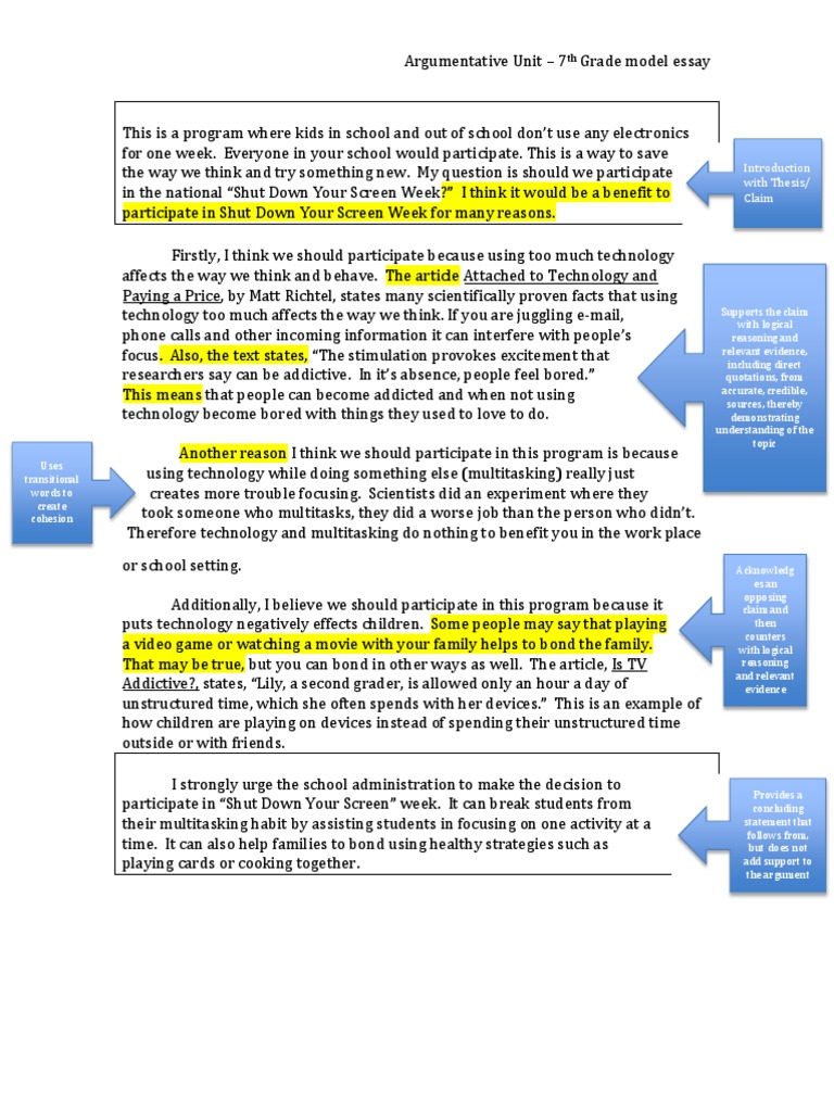 7th grade argumentative essay examples pdf