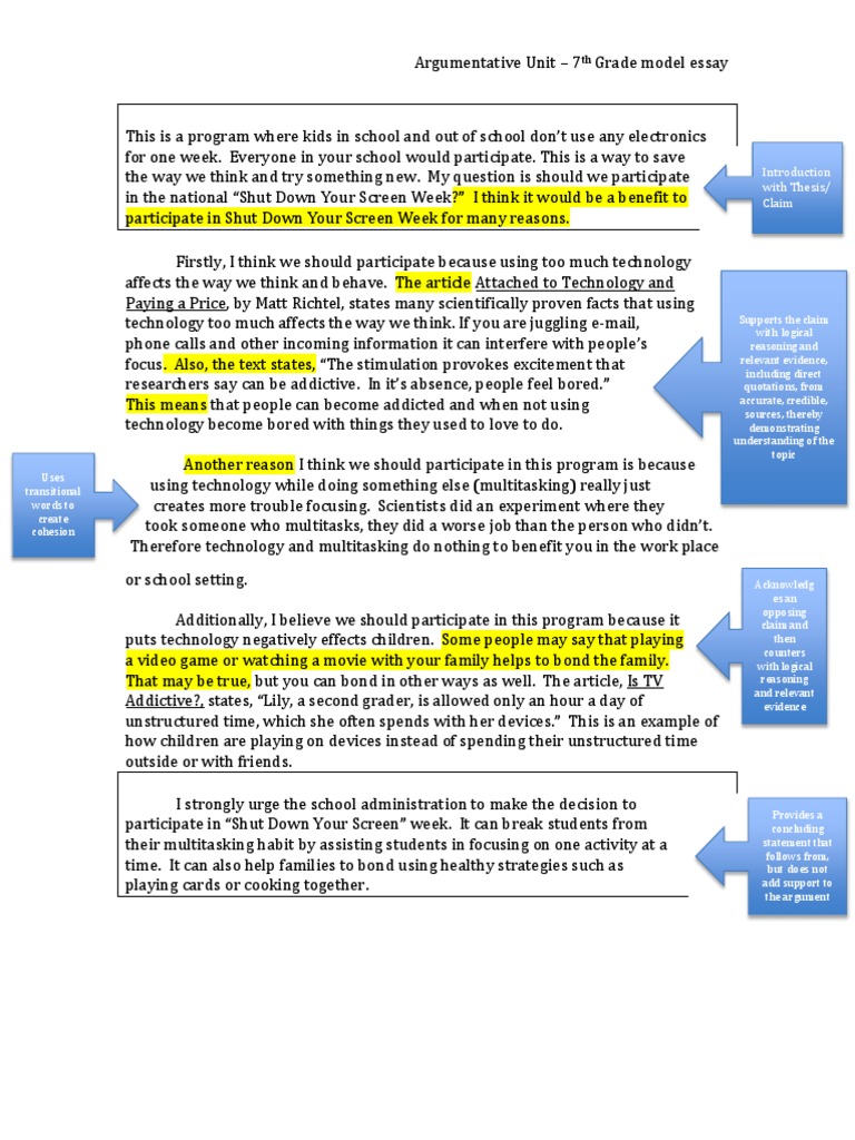 argumentative essay 7th grade lesson plan