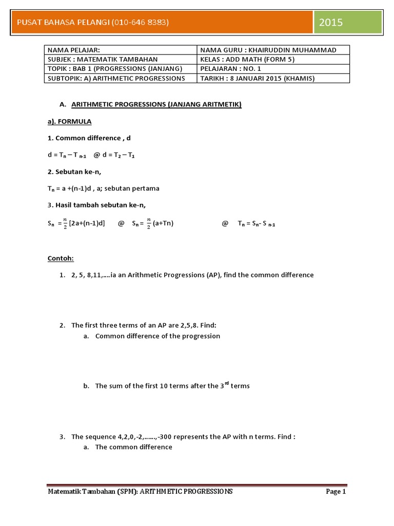 Arithmetic Progressions in Add Math F5 | PDF | Teaching Methods ...